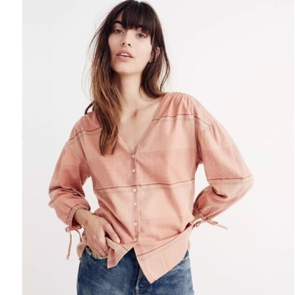 MADEWELL Plaid Peach Morningview V-neck  Button Front Blouse Top Sz XS - Picture 10 of 13
